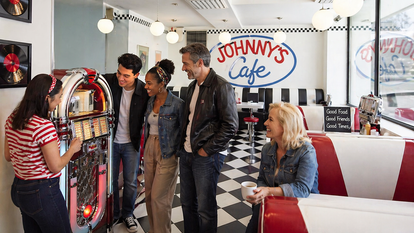 People gathered around a jukebox in Johnny's Cafe