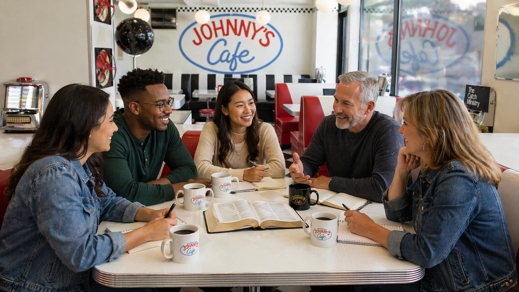 A small group studying together at Johnny's Cafe