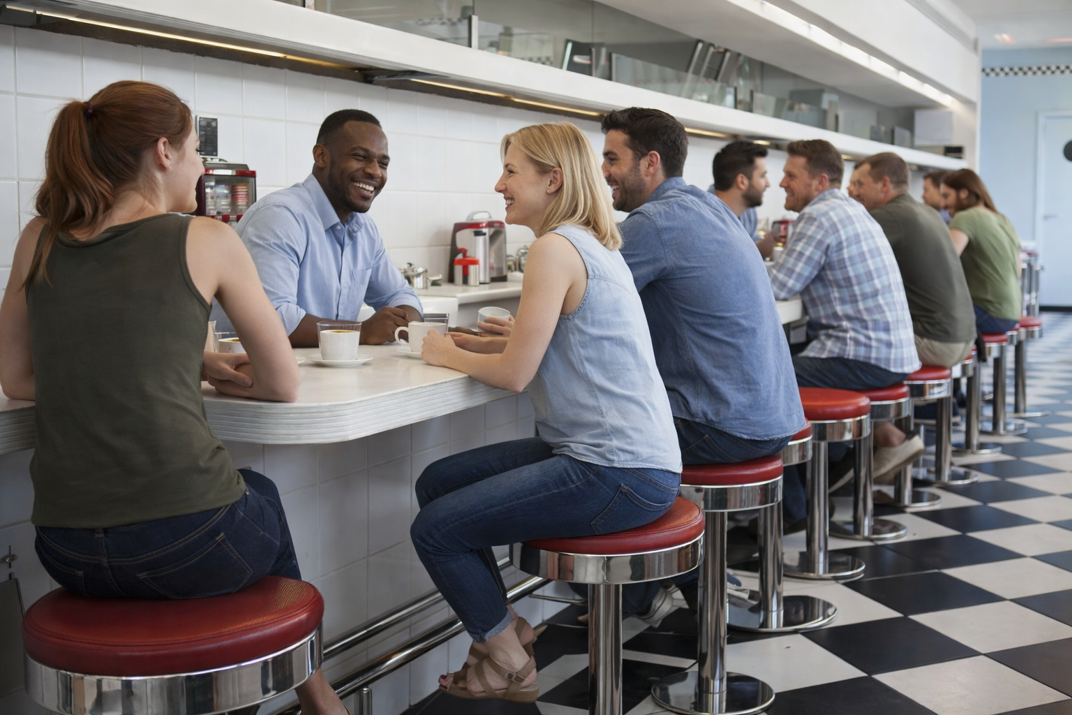 People talking together at the lunch counter